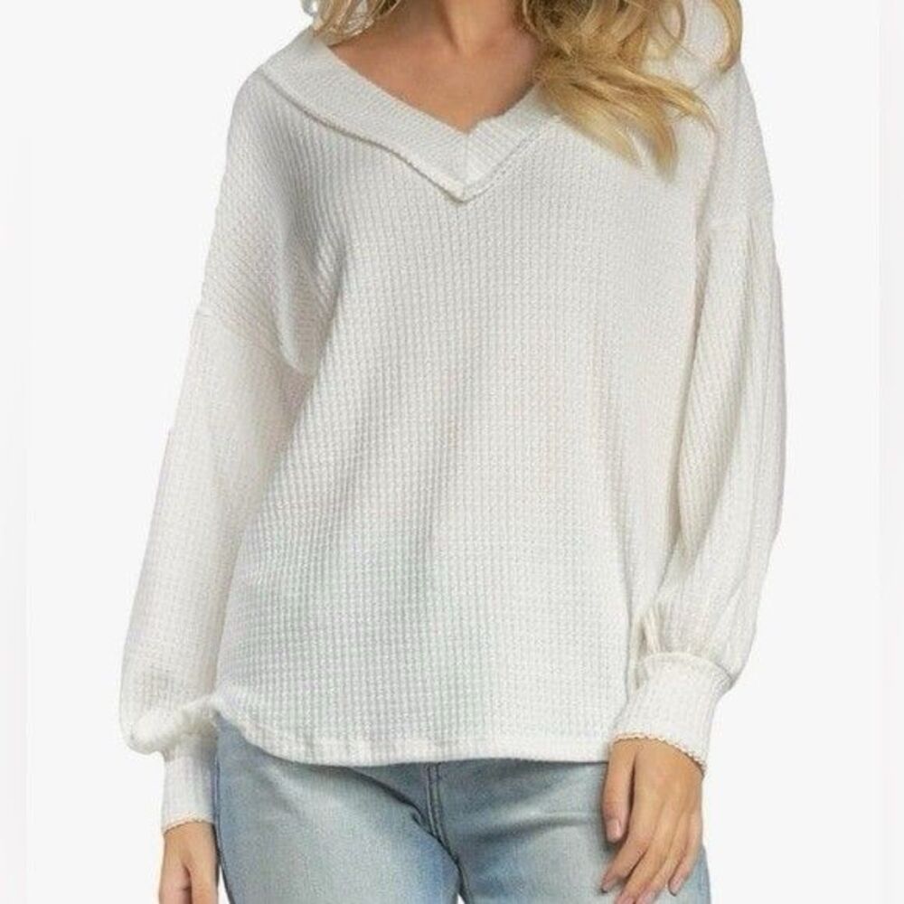 Elan Women’s Medium Ivory Knit Sweater Top Deep V-Neck Relaxed Fit M